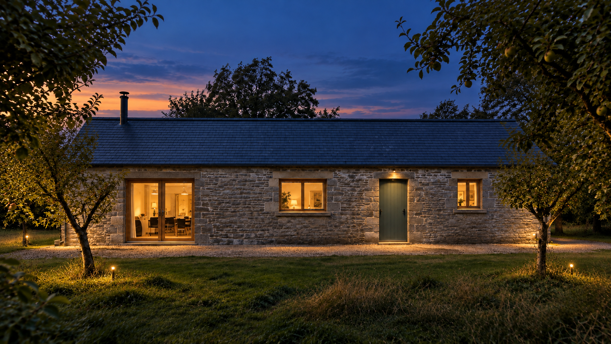 The complete low granite front and dark slate roof at dusk, with lit windows, a glazed dining door and the blue-green front door between orchard trees.