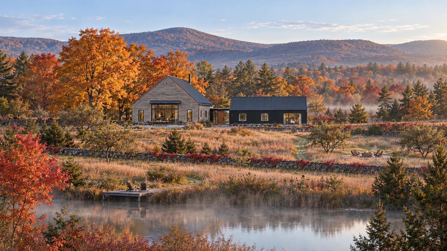AI-generated Concept: an elevated morning view across a misty pond and copper meadow to a silver-boarded barn and black cedar wing beneath wooded autumn hills.