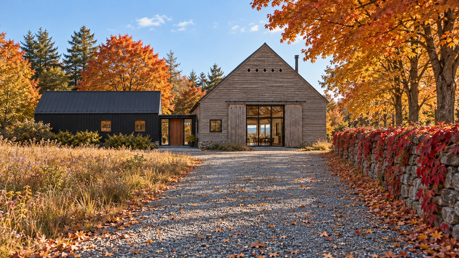 AI-generated Concept: a straight gravel lane runs between copper meadow and a creeper-draped stone wall under orange maples to the barn's glazed north gable.
