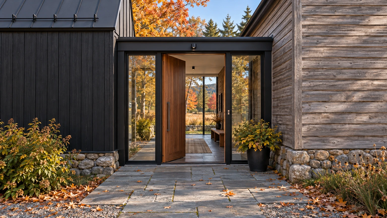 AI-generated Concept: an oiled timber pivot door stands open in a black steel glass link between the black cedar wing and the barn's weathered boards.