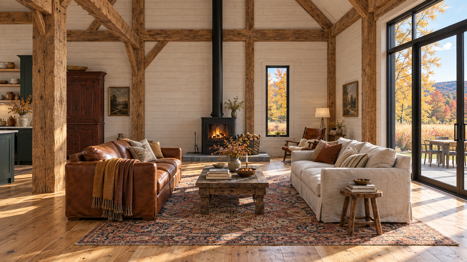 AI-generated Concept: a cognac leather sofa and a linen sofa face each other across an oak table before a black wood stove within an exposed timber frame.