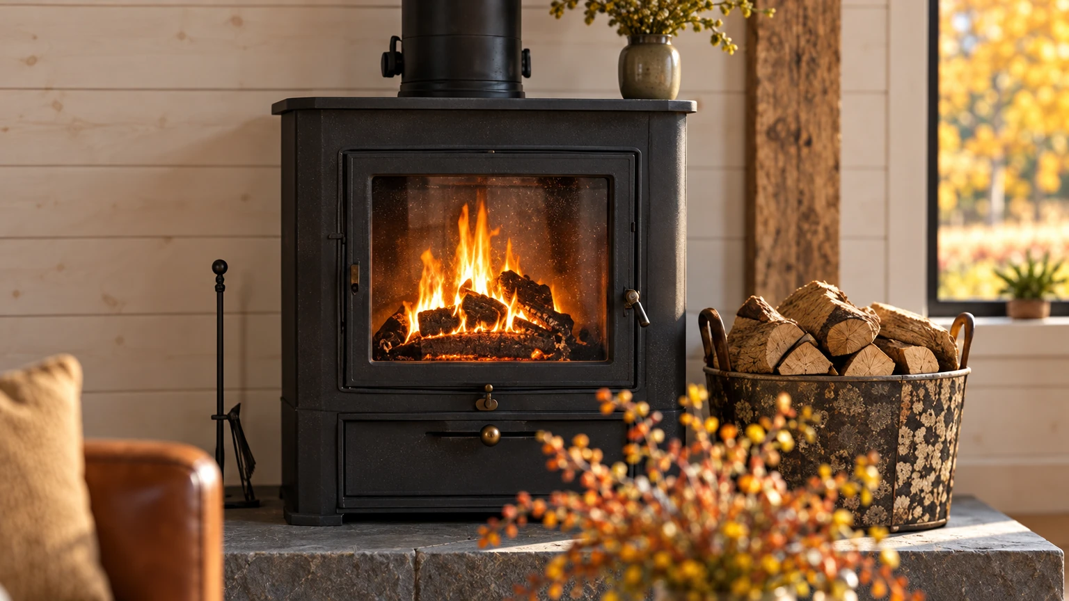 AI-generated Concept: a fire burns behind the glass door of a black cast-iron wood stove on a raised bluestone hearth beside a metal bucket of split logs.