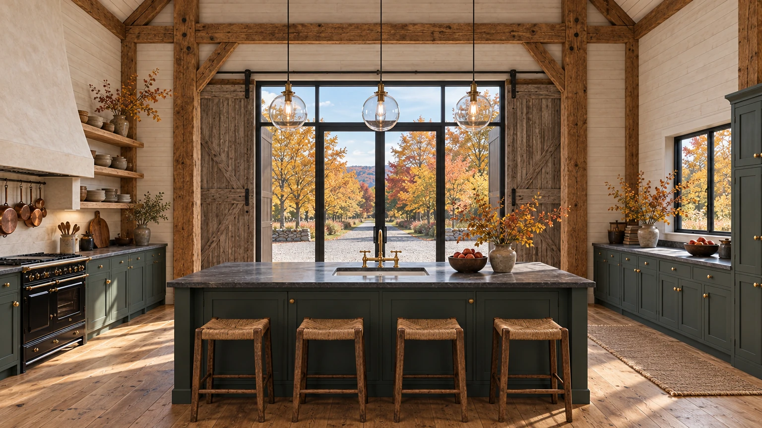 AI-generated Concept: a hemlock-green kitchen island with a soapstone top, brass bridge tap and rush stools beneath glass globe pendants, facing the glazed wagon opening.