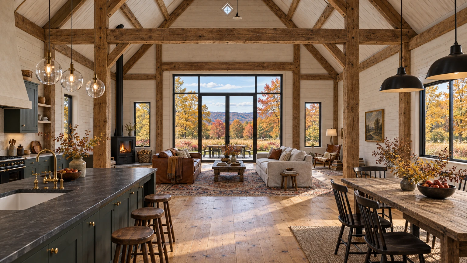 AI-generated Concept: the length of the timber-framed barn hall, from kitchen island past paired sofas and a wood stove to a tall glazed opening onto meadow and hills.