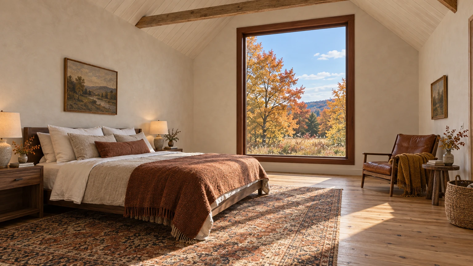 AI-generated Concept: a walnut bed dressed in white linen and a rust throw sits beside a large mahogany-framed window of autumn maples beneath a pale pitched ceiling.