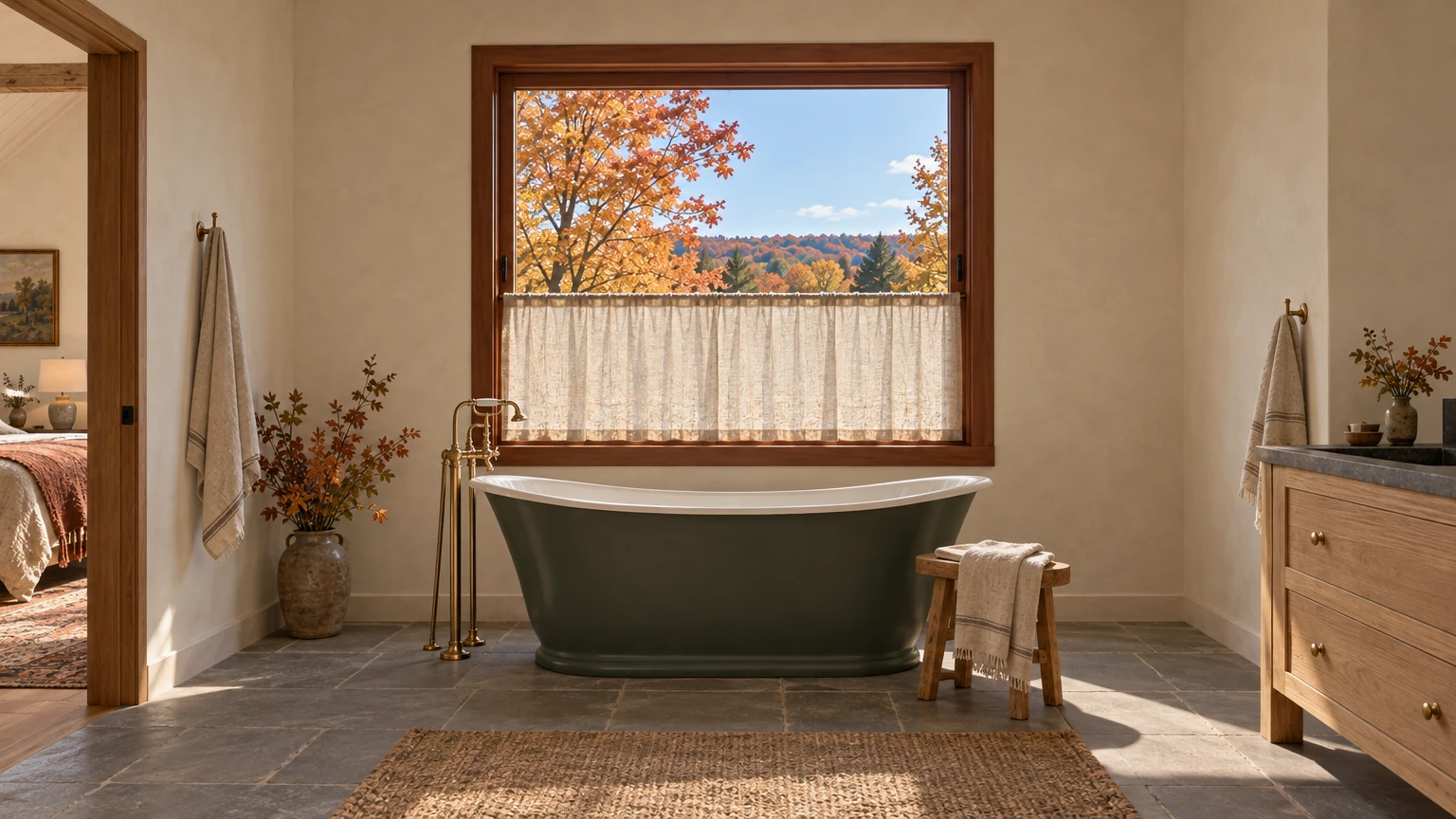 AI-generated Concept: a hemlock-green slipper bath with a brass floor-standing filler sits beneath a mahogany window with a linen café curtain on a bluestone floor.