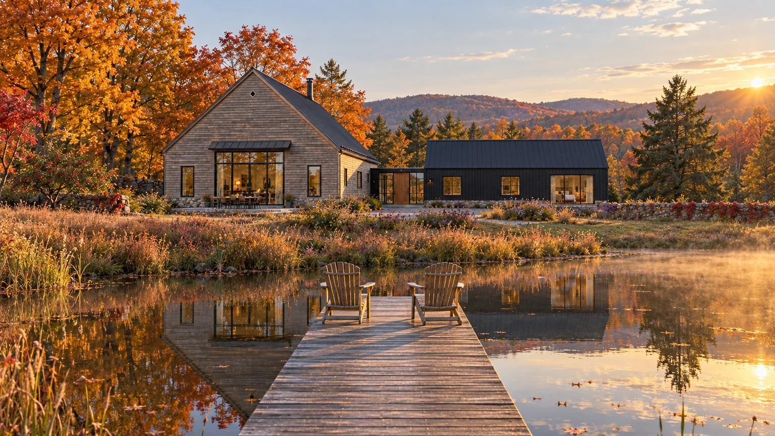 AI-generated Concept: a weathered cedar dock with two Adirondack chairs reaches over a still pond that mirrors the barn, the cedar wing and blazing maples.