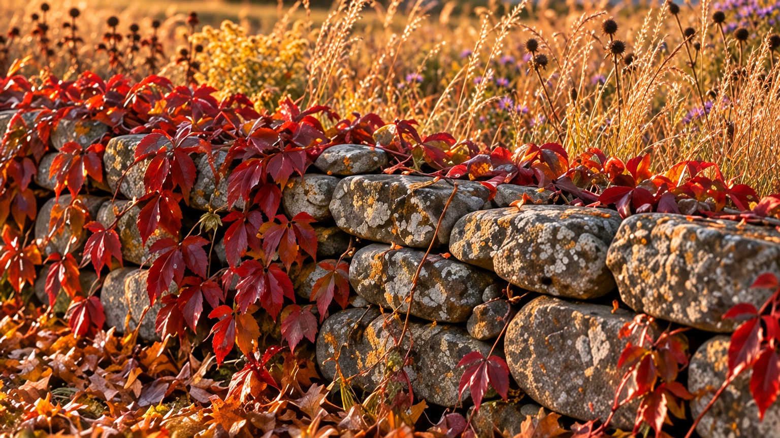 AI-generated Concept: scarlet Virginia creeper spills over a lichen-covered fieldstone wall beside copper grasses, purple asters and dark seed heads in low sun.