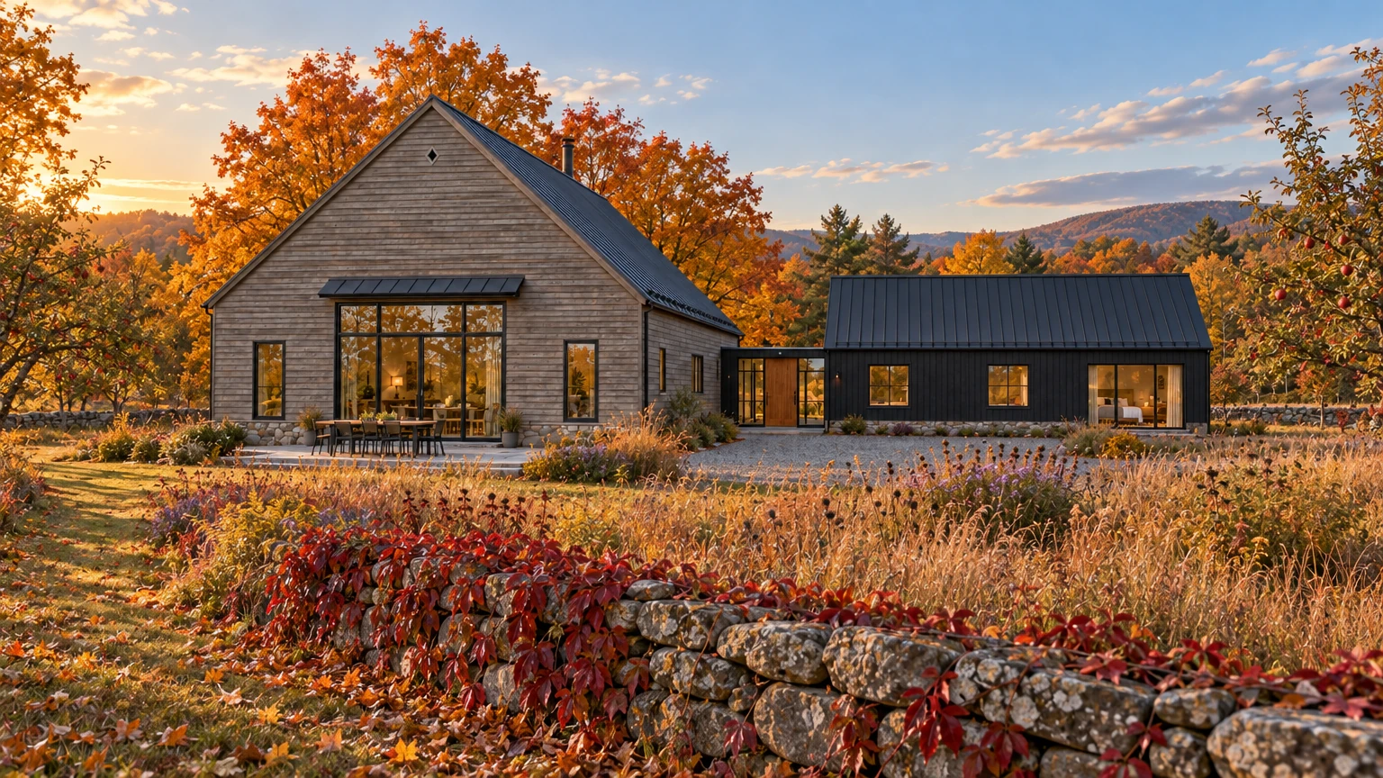 AI-generated Concept: at golden hour, the barn's glazed south gable and the black cedar wing stand behind a lichen-grey stone wall draped in scarlet creeper.