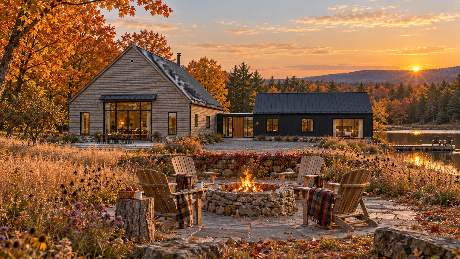AI-generated Concept: a fire burns in a low fieldstone ring circled by cedar Adirondack chairs with plaid blankets, the barn and pond beyond at sunset.
