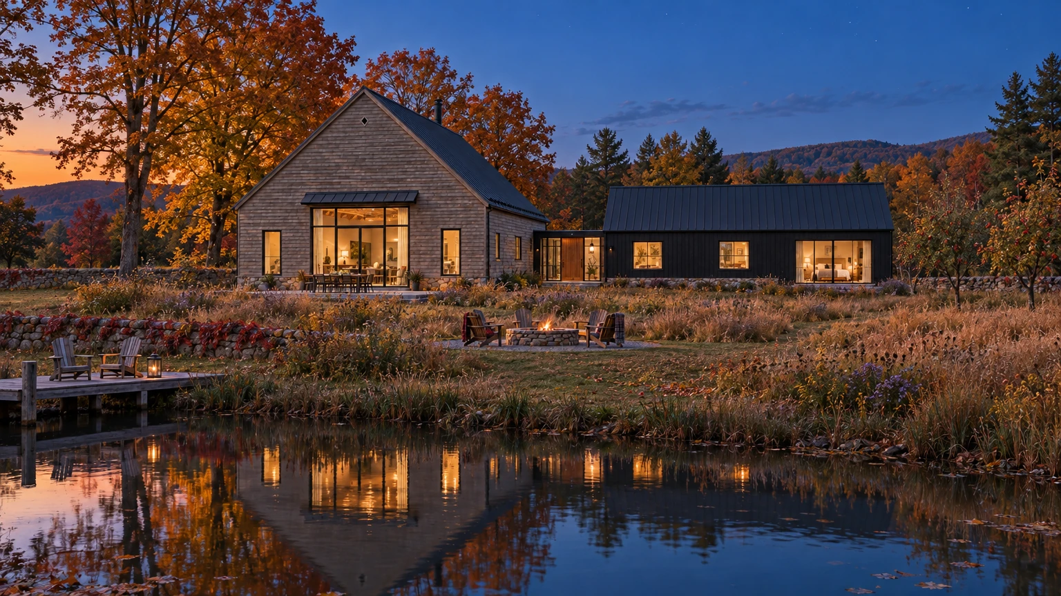 AI-generated Concept: at blue hour the barn and cedar wing glow warm behind a meadow and fire ring, reflected in the still dark water of the pond.