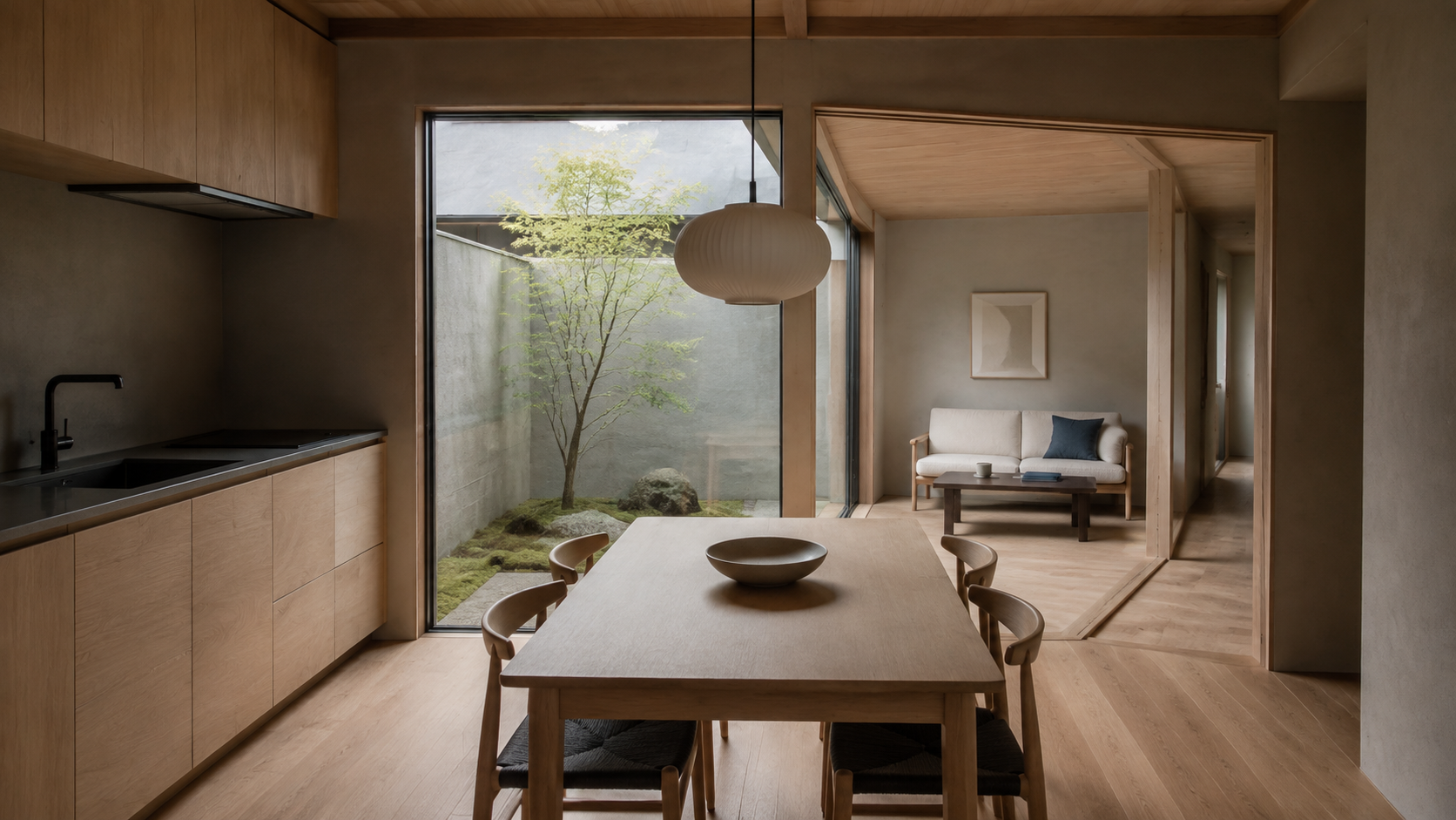 AI-generated Concept kitchen with pale timber cabinets, a four-chair table, ribbed pendant and small green court beside a distant ivory sofa.