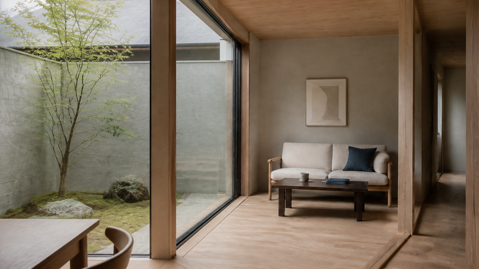 AI-generated Concept living threshold with ivory two-seat sofa, indigo cushion, dark table and cup, beside perpendicular court glazing.