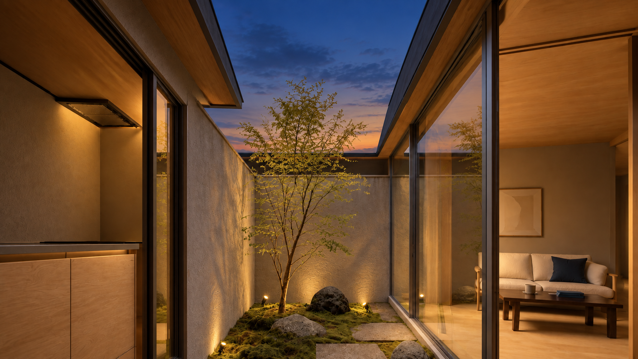 AI-generated Concept court view at dusk showing a deep blue sky between narrow eaves, one uplit small tree on moss with stones, and lit kitchen and living glazing.