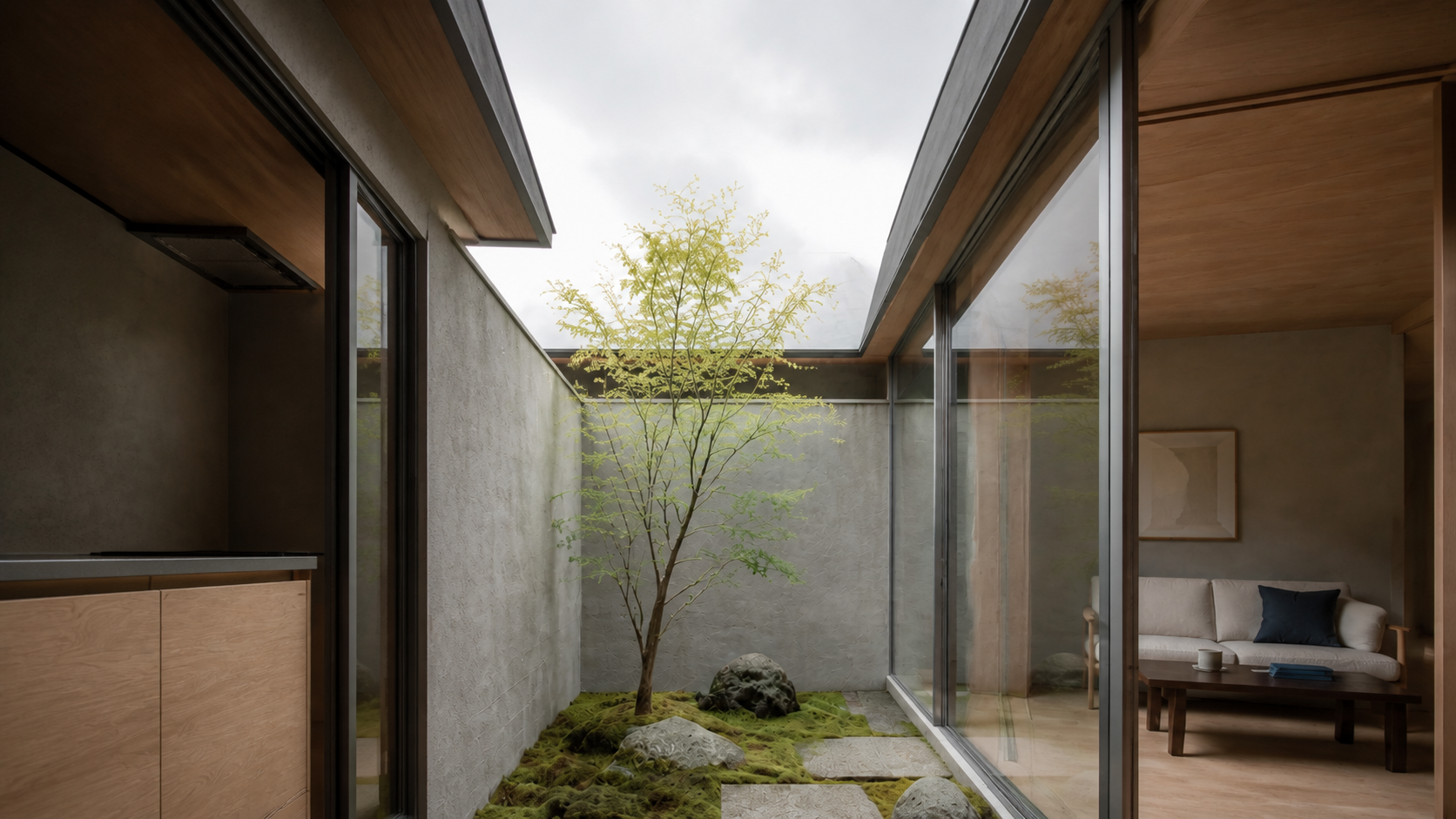 AI-generated Concept upward court view showing open cloudy sky between narrow eaves, one small tree, stones, and kitchen and living glazing.
