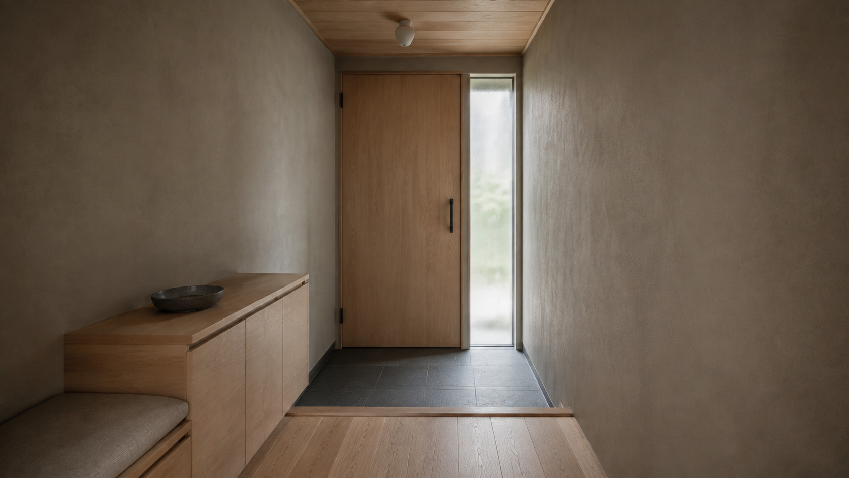 AI-generated Concept entry with a timber door, translucent sidelight, timber shoe cabinet and bowl, cushioned bench and charcoal floor.