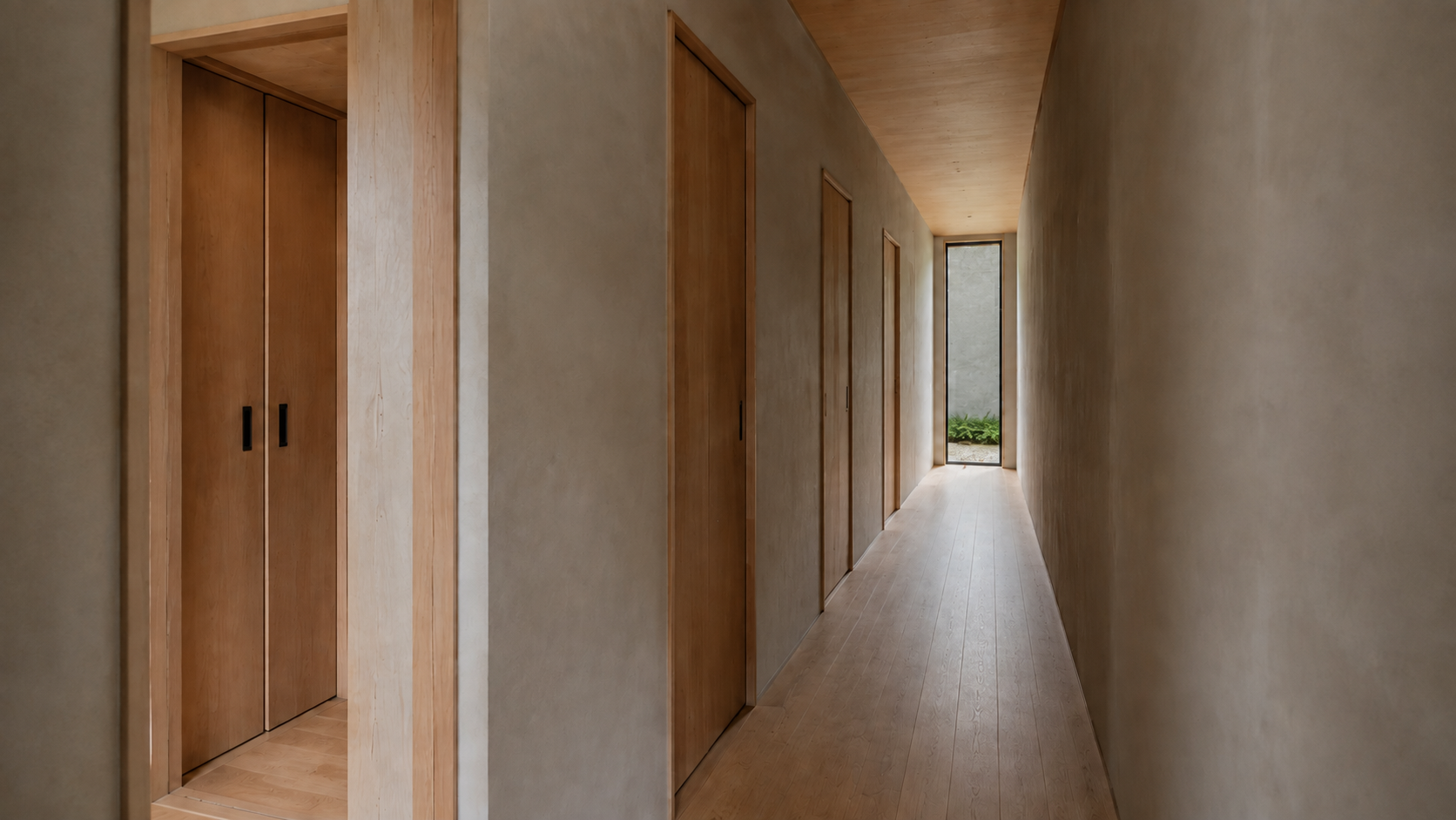 AI-generated Concept timber-lined private passage with one paired guest opening, three further doors and a narrow garden view at the end.