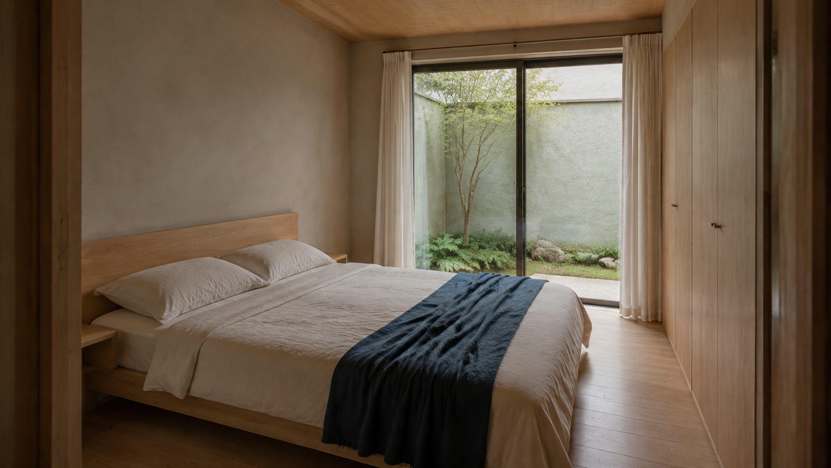 AI-generated Concept main bedroom with a low timber bed, two white pillows, indigo throw, wardrobe and curtained rear-garden glazing.