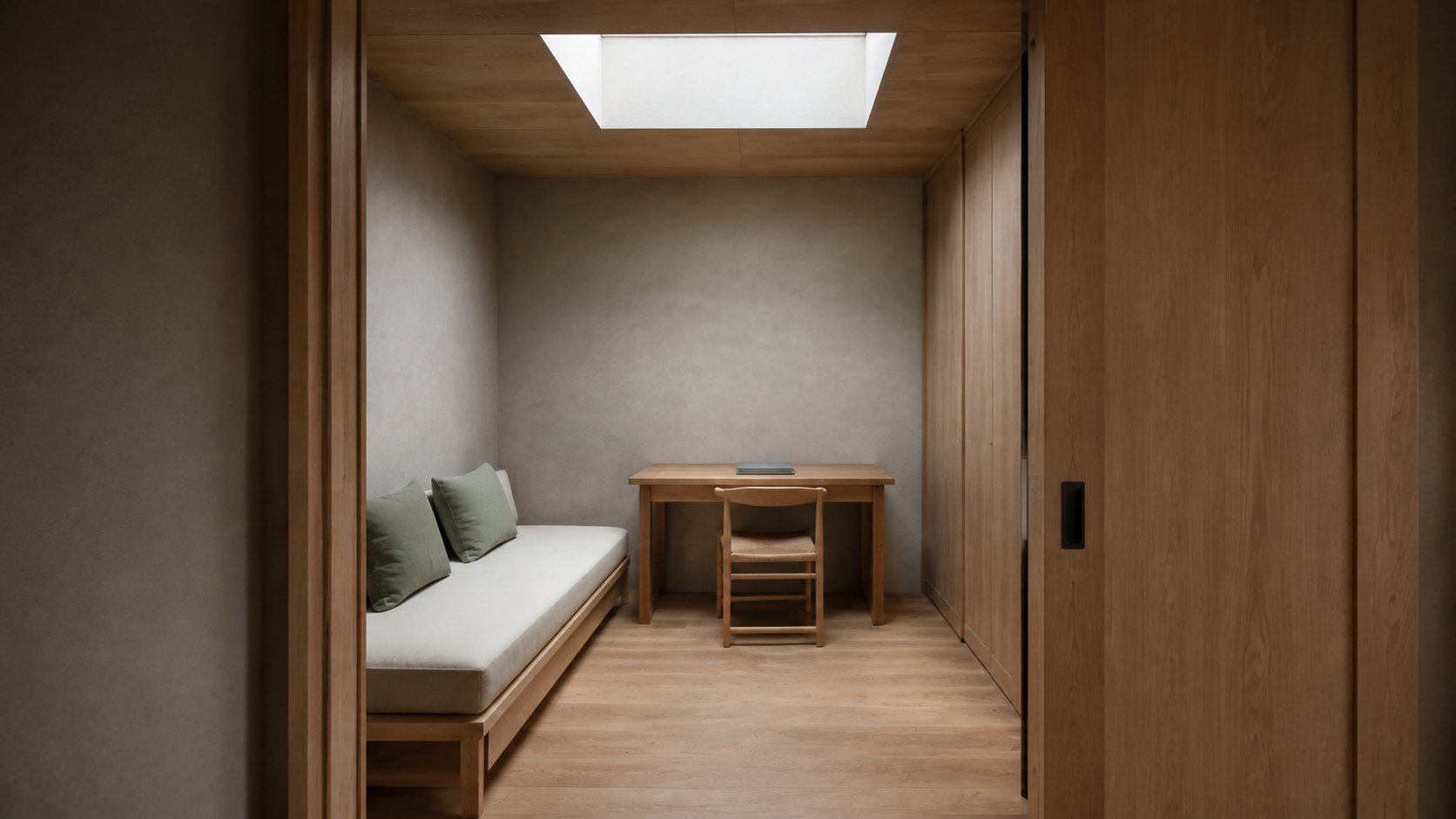 AI-generated Concept guest room with a timber daybed, two sage cushions, writing desk and chair, storage and one overhead rooflight.