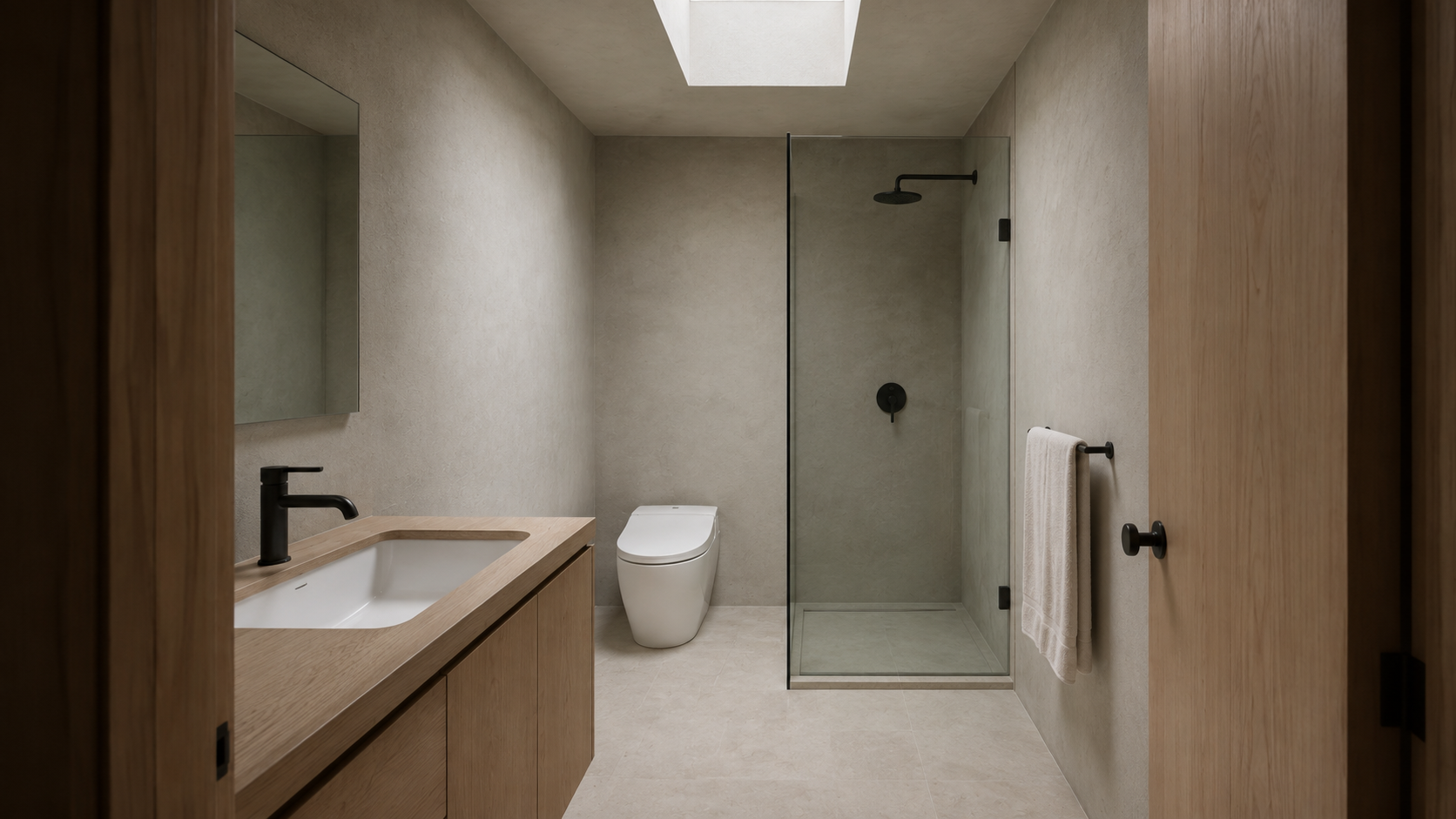 AI-generated Concept bathroom with timber vanity, inset white basin, closed-seat WC, glass-screened shower and one rooflight.
