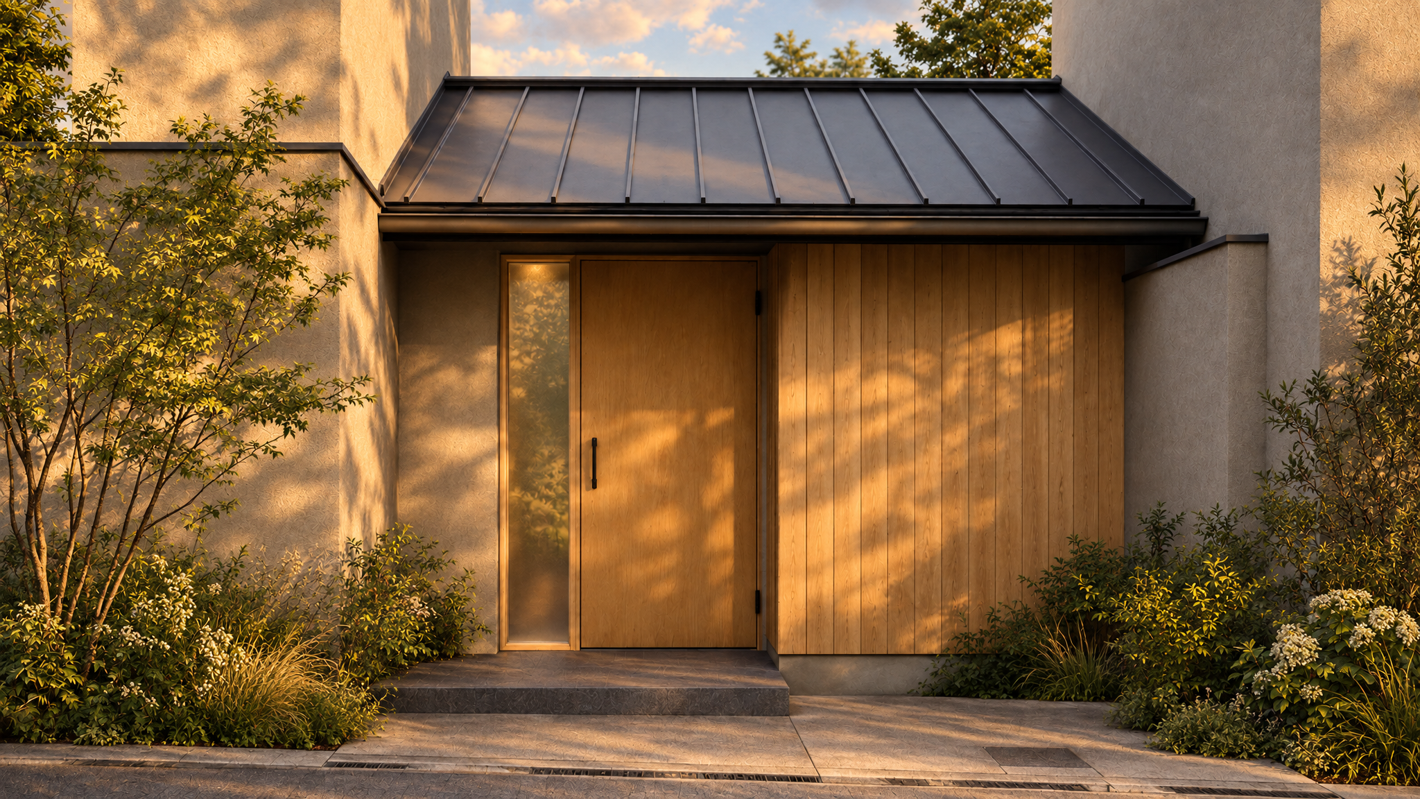AI-generated Concept narrow street frontage in late sun, with a single timber door, a translucent sidelight and a charcoal standing-seam roof, leaf shadows on the plaster and a small tree and low planting at either side.