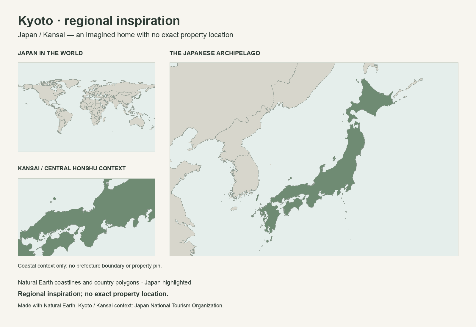 World map highlighting Japan, a Japanese archipelago view and a Kansai coastal-context inset; no property pin or prefecture boundary.