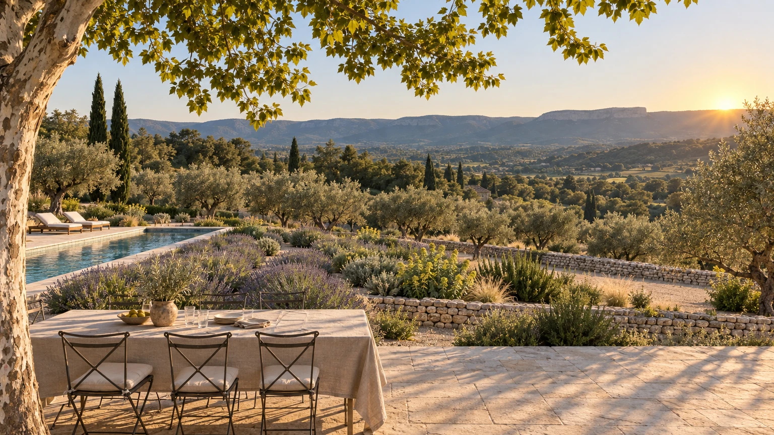 AI-generated Concept terrace table laid with linen under a plane tree, looking over lavender, a long pool and olive terraces to a wide valley and distant ridge.
