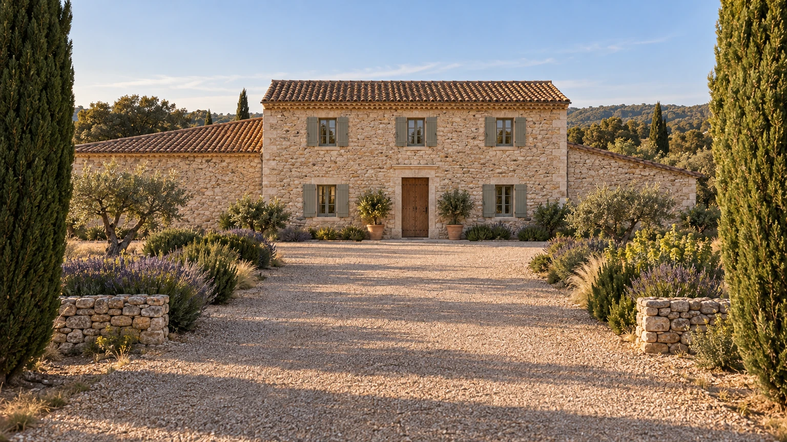 AI-generated Concept gravel drive between tall cypresses and dry-stone walls leading to a limestone farmhouse with grey-green shutters, a canal-tile roof and an oak front door.