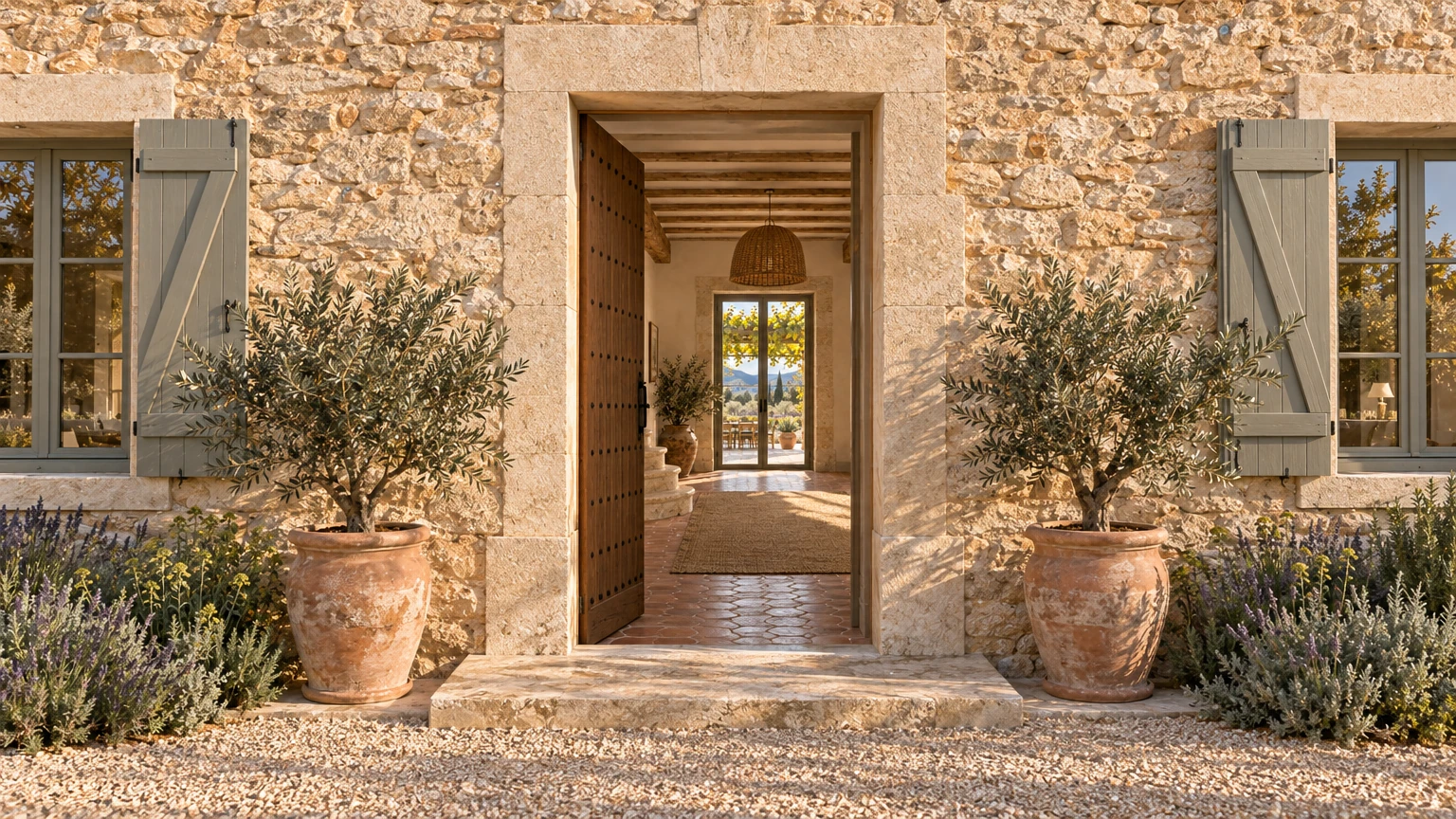 AI-generated Concept studded oak door standing open in a dressed limestone surround, revealing a terracotta-floored hall and a glazed garden door, with potted olives either side.
