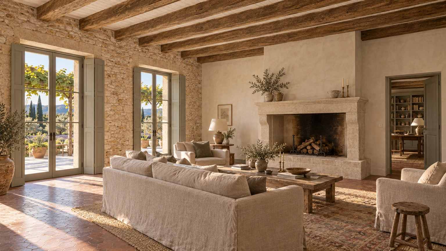 AI-generated Concept salon with a limestone fireplace, oatmeal linen sofa and armchairs on a faded rug, terracotta tomette floor, oak beams and two shuttered French doors.