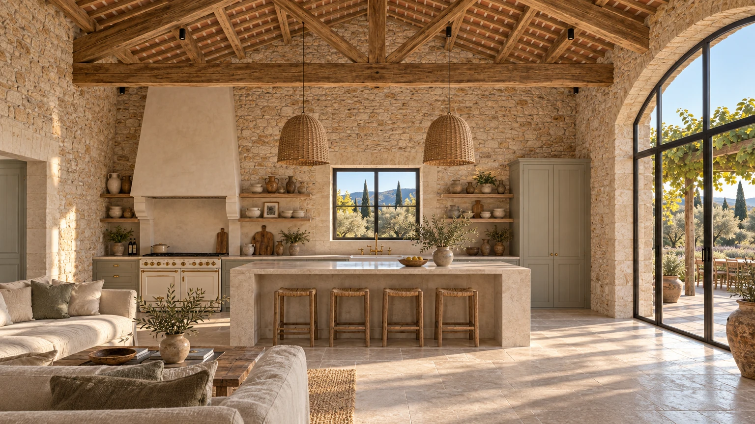 AI-generated Concept barn kitchen with a honed limestone island and rush stools, a cream range under a plaster hood, stoneware shelves and oak trusses overhead.
