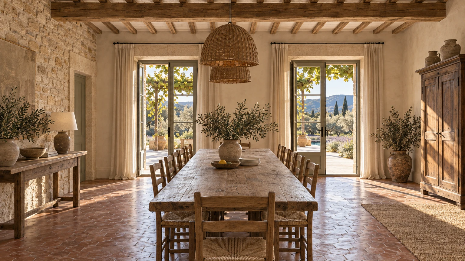 AI-generated Concept dining room with a long farmhouse table and rush-seat ladder-back chairs between two glazed garden doors, linen curtains, a rattan pendant and a walnut armoire.