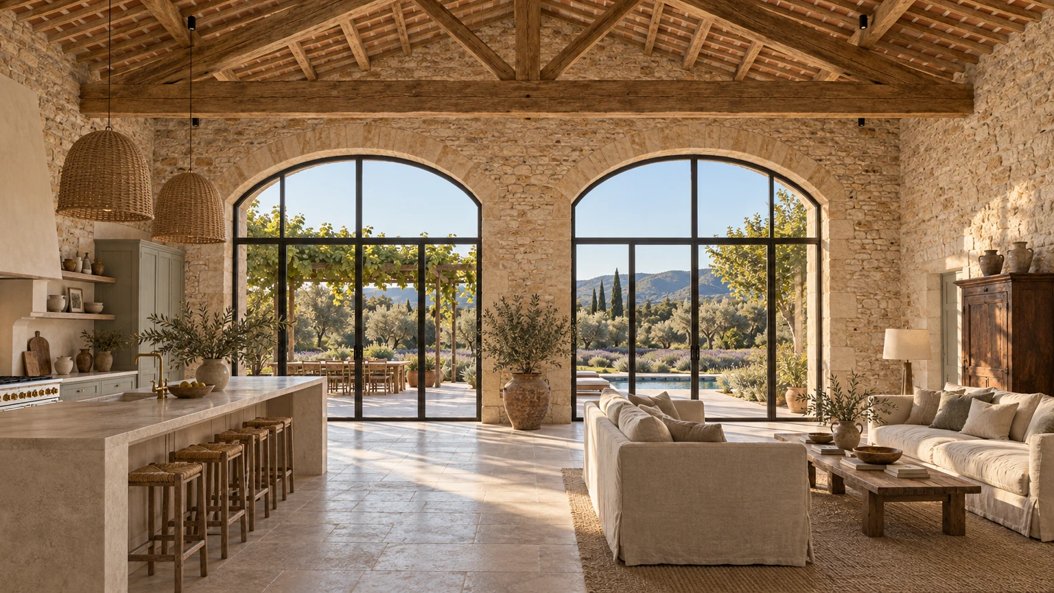 AI-generated Concept double-height barn with oak king-post trusses, two tall stone arches glazed in black steel, linen sofas, a limestone island and a pergola view.