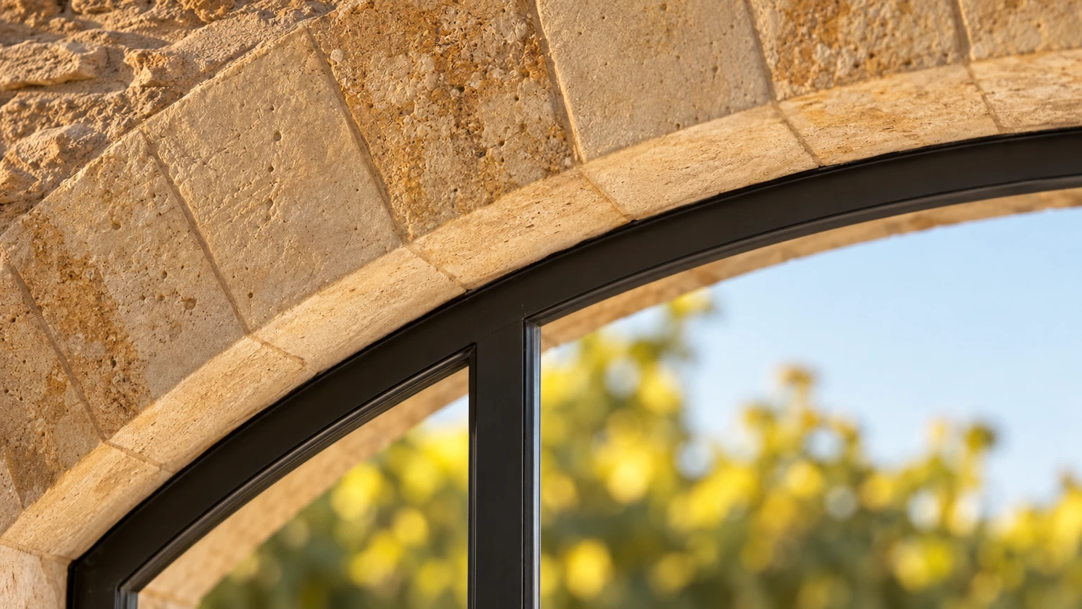 AI-generated Concept detail of dressed limestone voussoirs meeting a slim black steel window frame, with sunlit foliage and blue sky softly blurred beyond the glass.