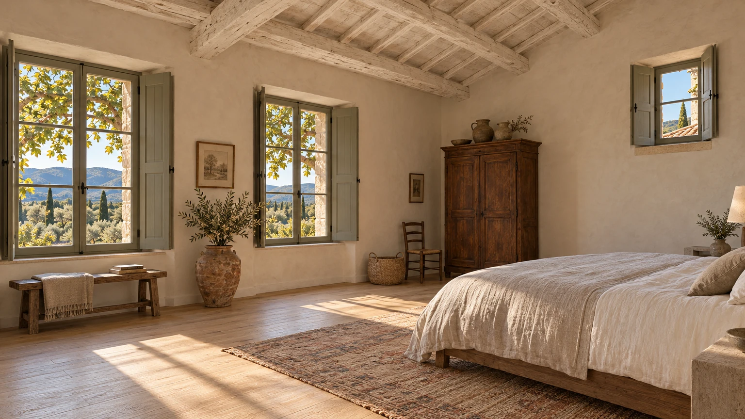 AI-generated Concept bedroom with whitewashed beams, wide oak boards, a low bed in white and oatmeal linen, a walnut armoire and shuttered windows open to the valley.