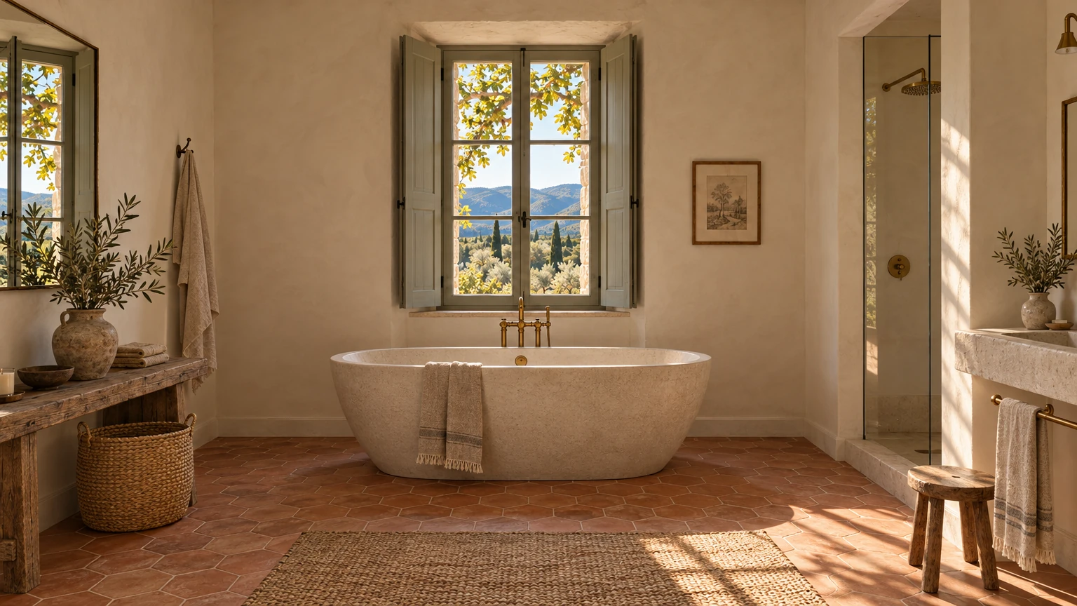 AI-generated Concept bathroom with a freestanding pale stone bath and brass filler beneath a shuttered window, polished lime plaster walls and a hexagonal terracotta floor.
