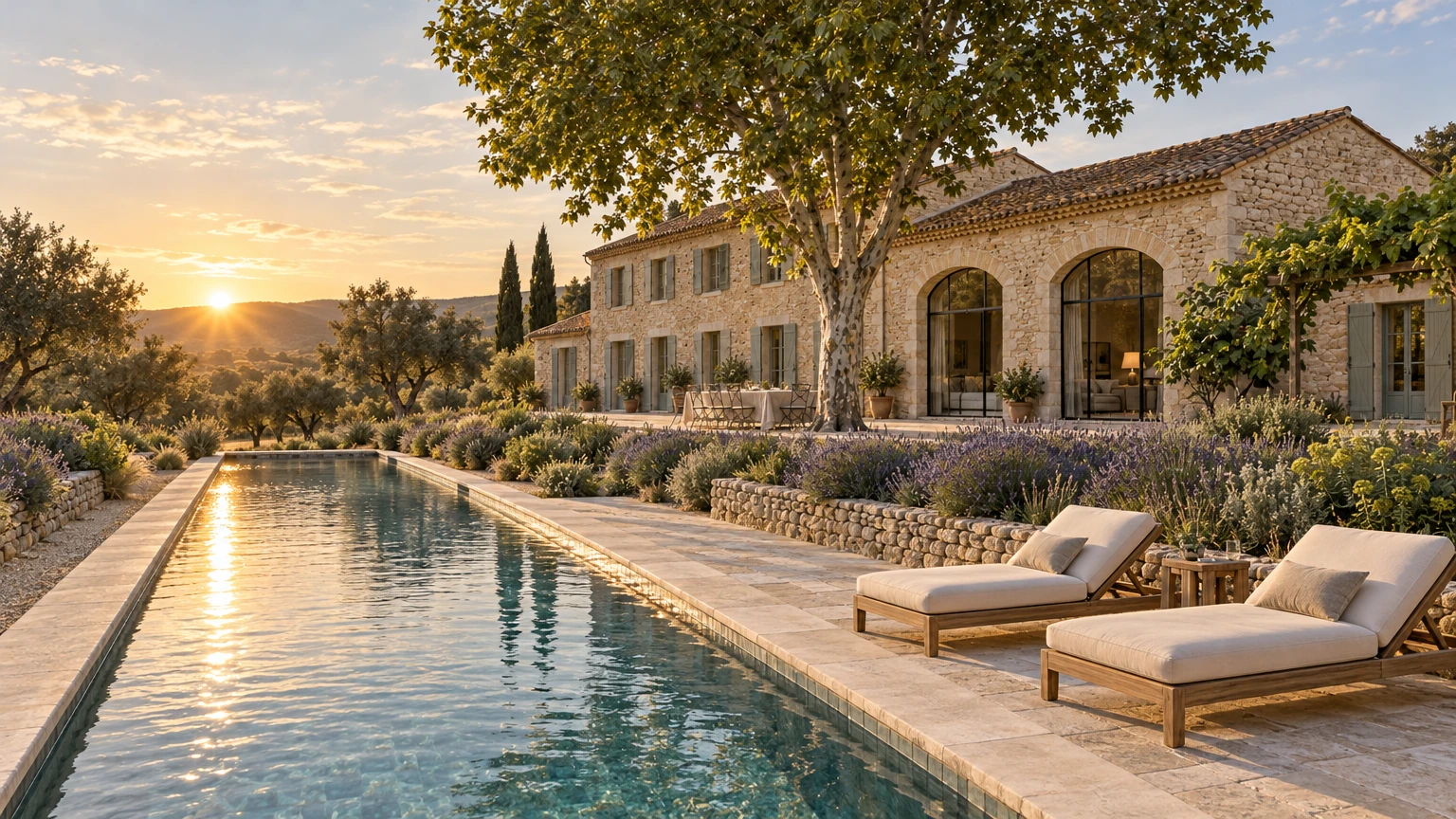 AI-generated Concept long pool with a pale limestone coping and two teak loungers, running beside the stone house, plane tree and lavender into the low sun.