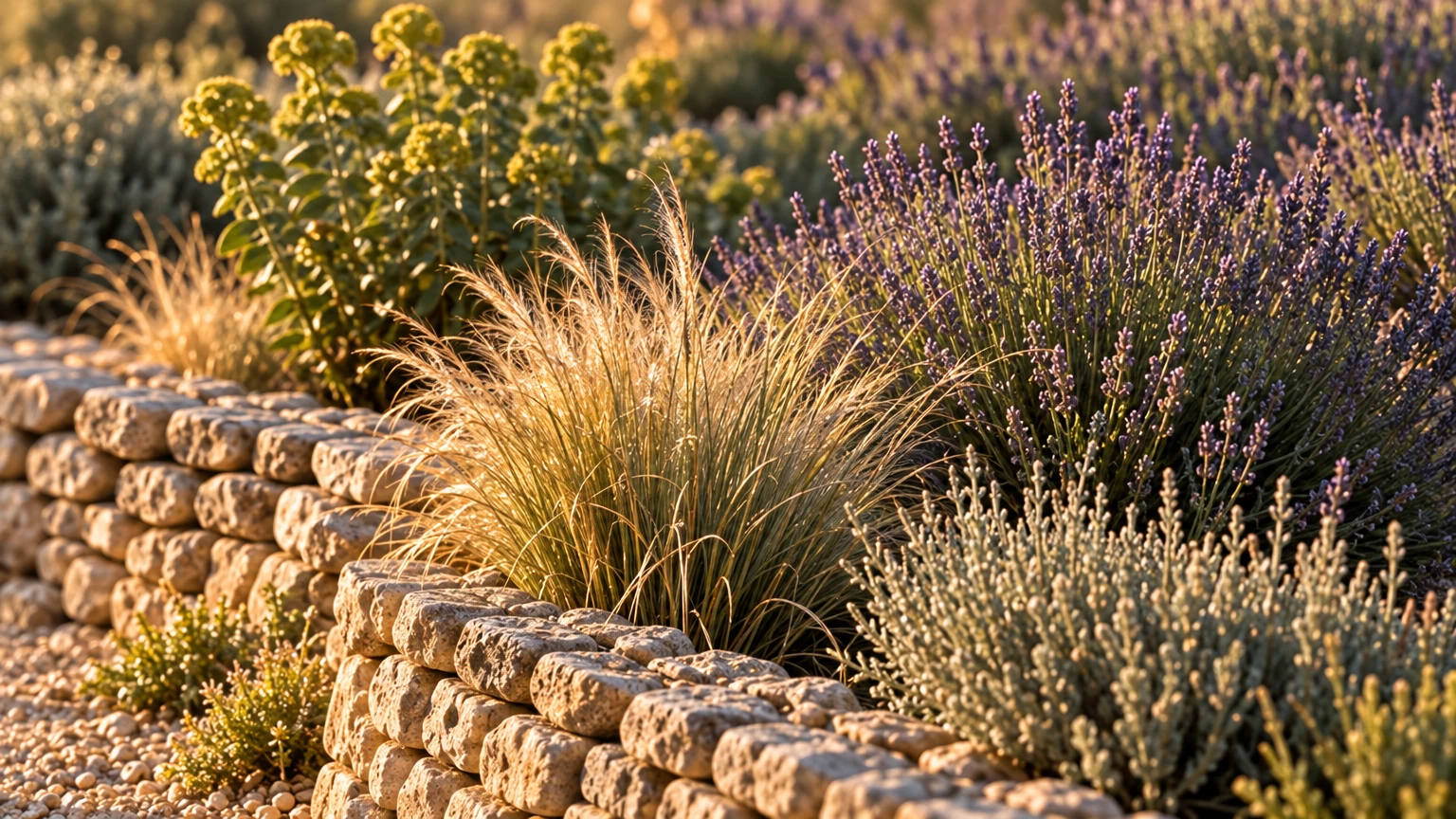 AI-generated Concept detail of lavender, feather grass, silver santolina and euphorbia backlit by low sun along a dry-stone terrace wall.