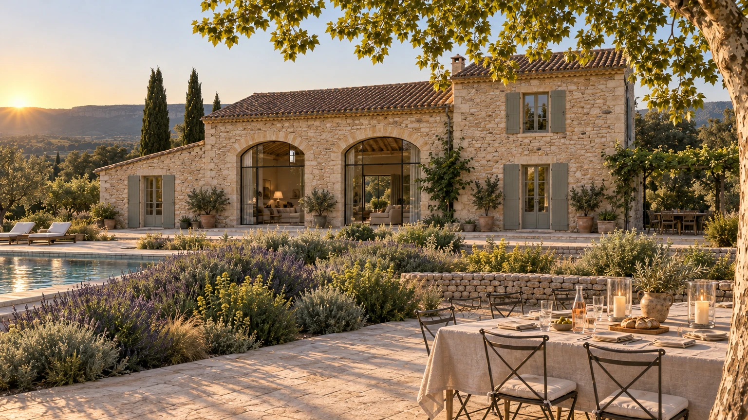AI-generated Concept supper table under the plane tree with linen, candles in glass hurricanes, rosé and bread, the barn's glazed arches and the pool beyond.