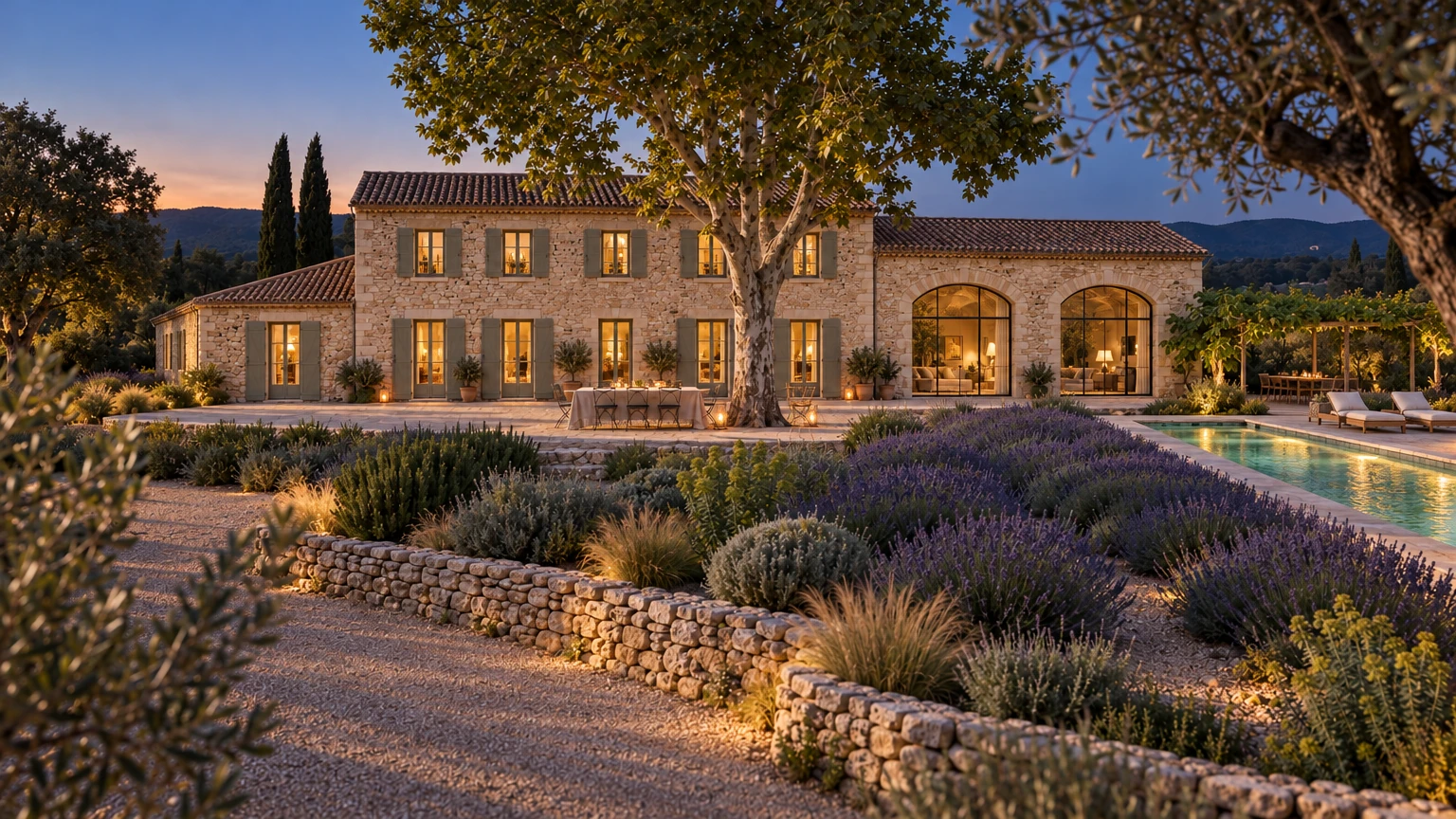 AI-generated Concept south front at blue hour, every shuttered window lit, the plane tree, lavender terraces, dry-stone walls and a softly lit pool under a darkening sky.