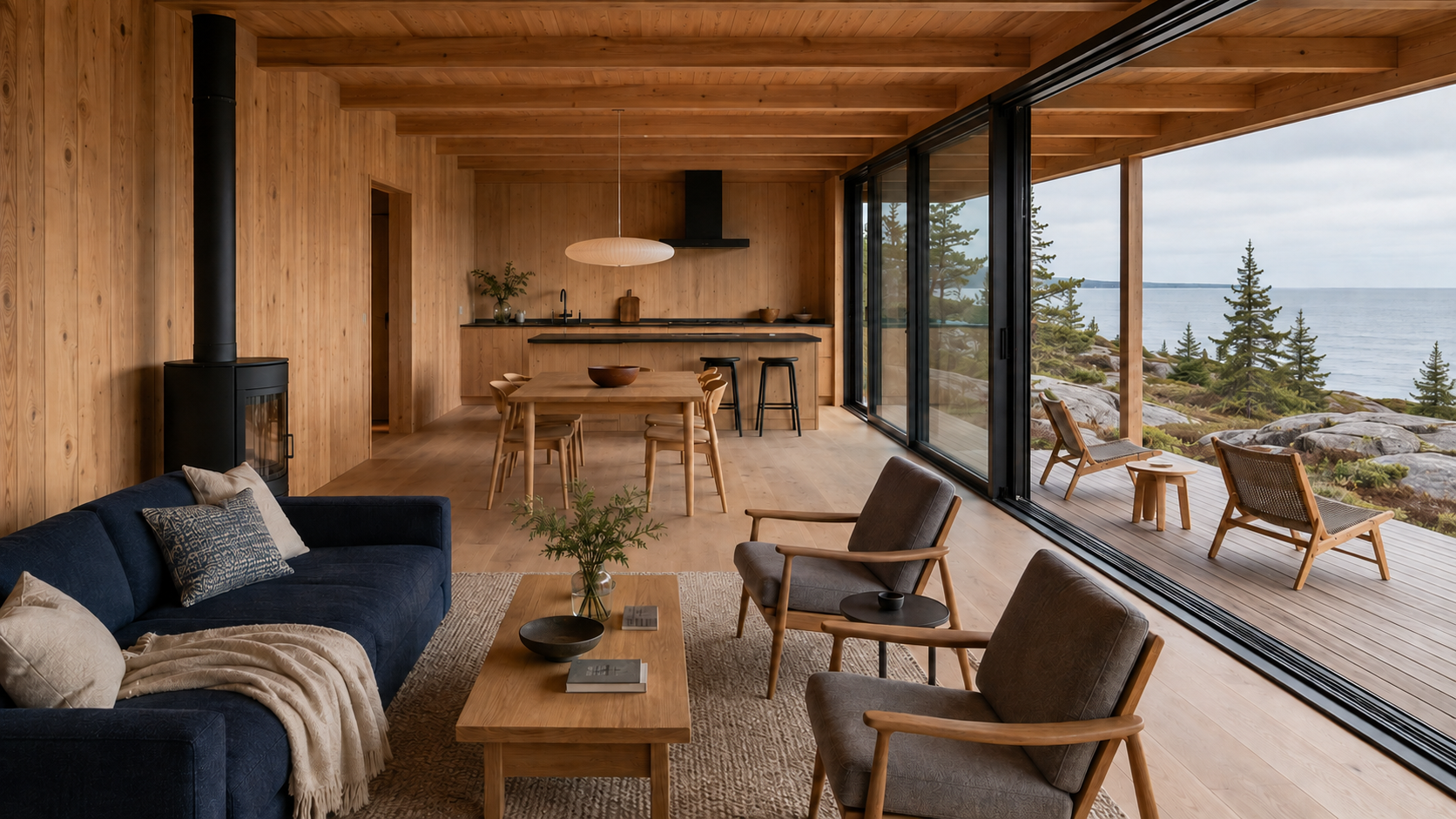 Cedar wraps the connected living, dining and kitchen, with coast glazing opening the long side of the room. AI-generated Concept.