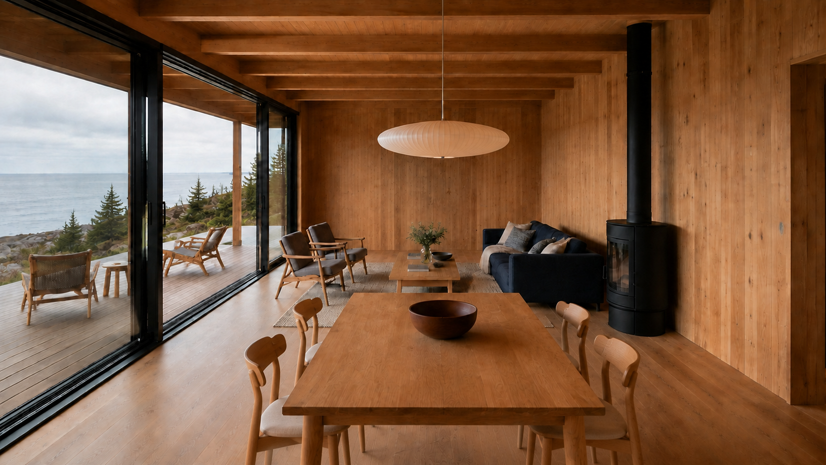 Four ash chairs gather around the dining table, with the living room and sheltered deck beyond. AI-generated Concept.