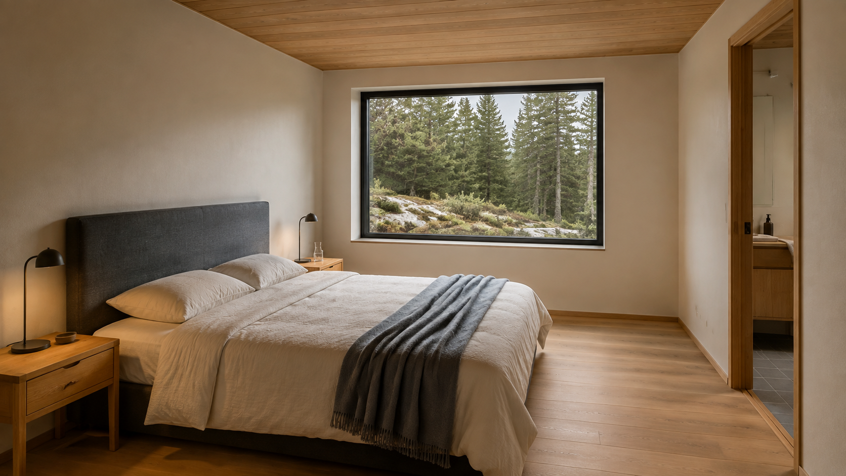 Ivory linen and paired reading lamps soften the main bedroom, with woodland ahead and the ensuite to the side. AI-generated Concept.