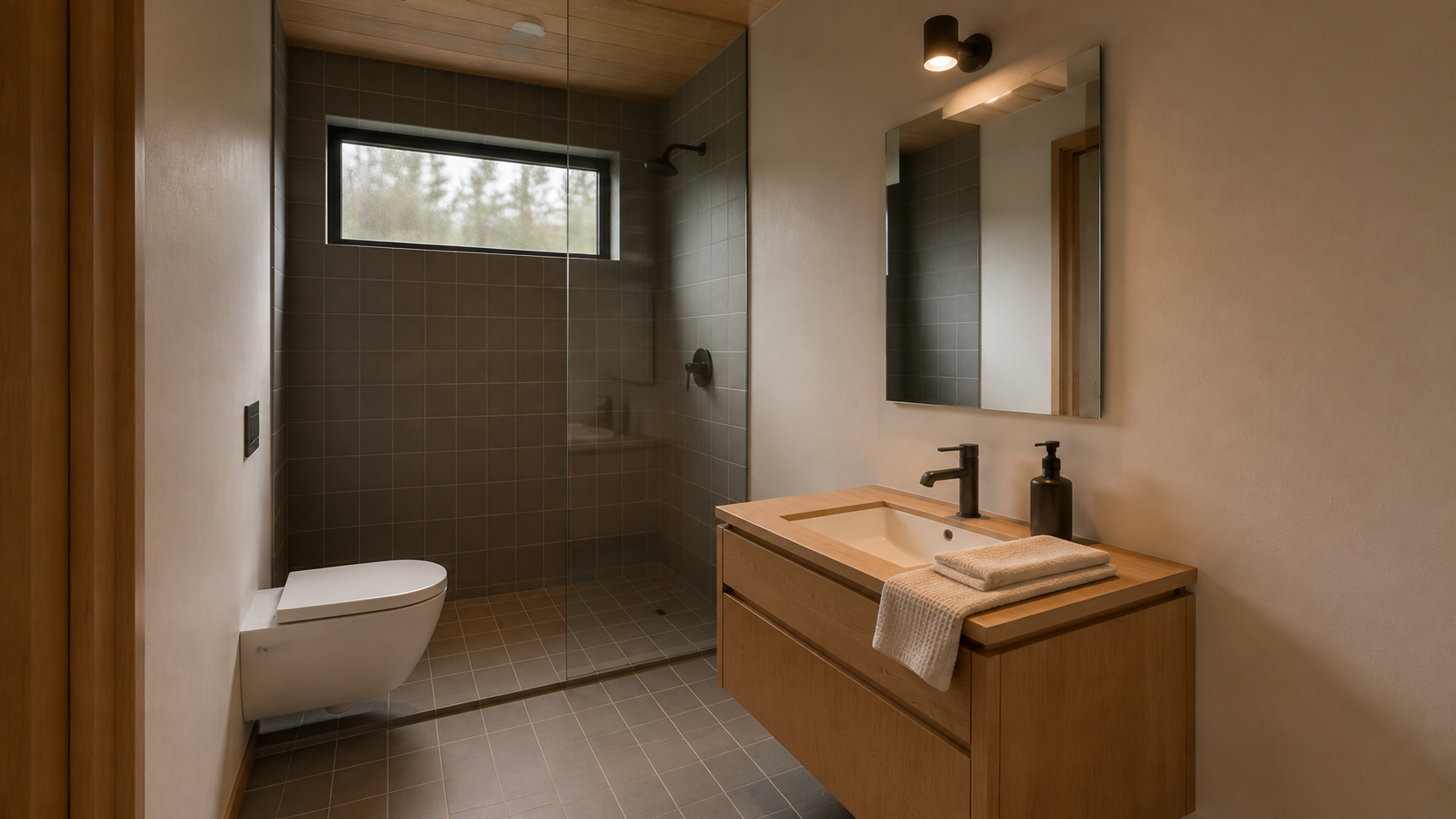 The main ensuite pairs an ash vanity and grey tile with a high window above the shower. AI-generated Concept.