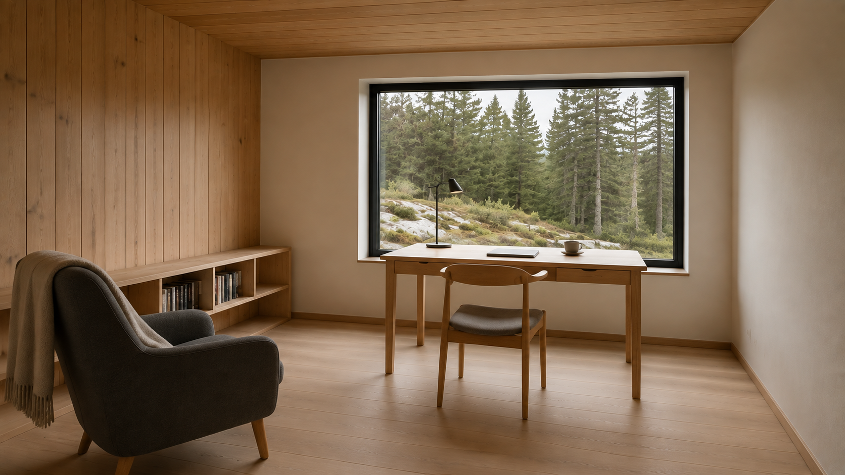 A desk at the forest window shares the study with a separate reading chair and low bookcase. AI-generated Concept.