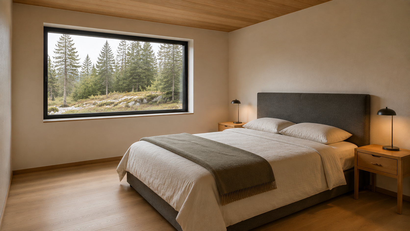 The guest bedroom turns a grey headboard and quiet moss-toned throw toward a woodland outlook. AI-generated Concept.