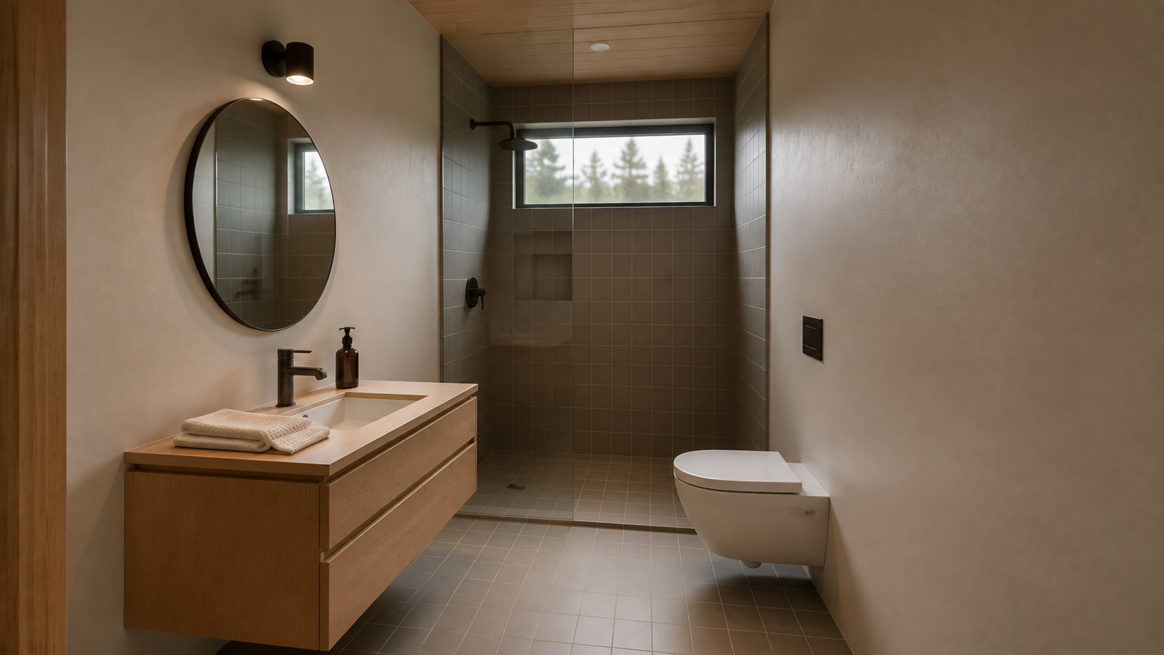 A round mirror distinguishes the guest shower room, with an ash vanity and grey tiled shower. AI-generated Concept.
