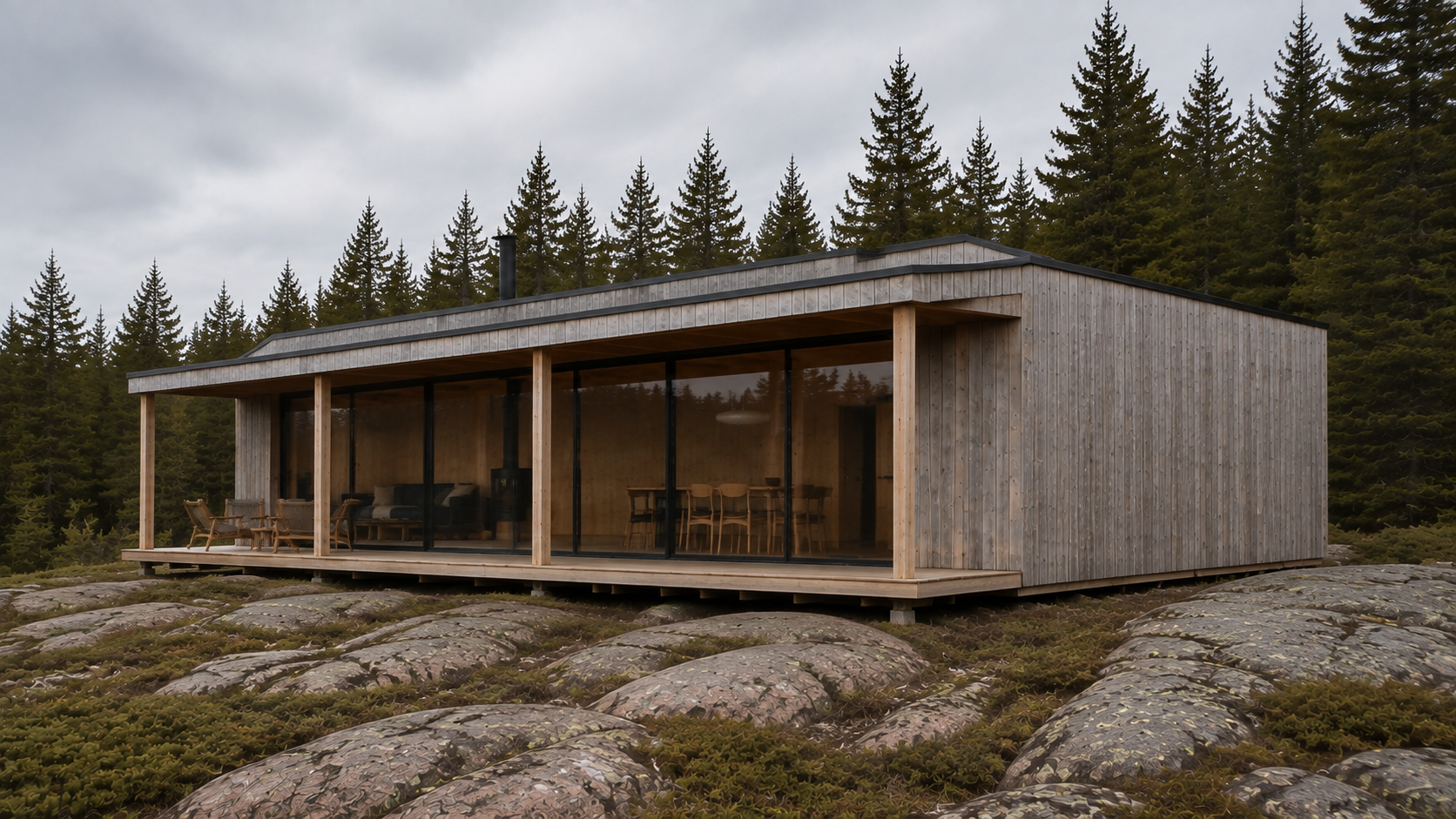 A low stepped roof and straight glazed frontage meet the rock ledges, with the solid east end in the foreground. AI-generated Concept.