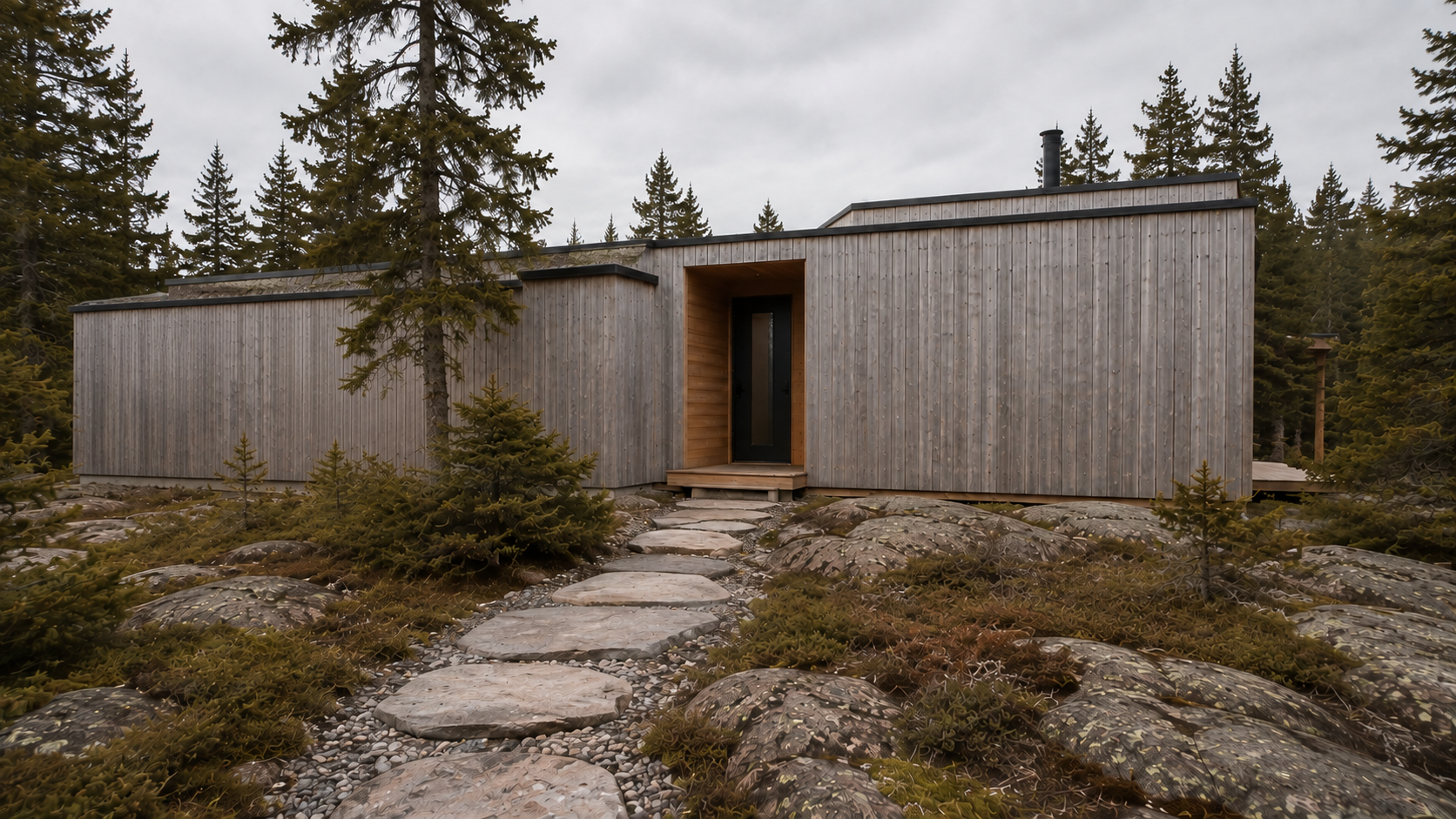 A stone path reaches the single recessed hall entrance between weathered cedar ends. AI-generated Concept.