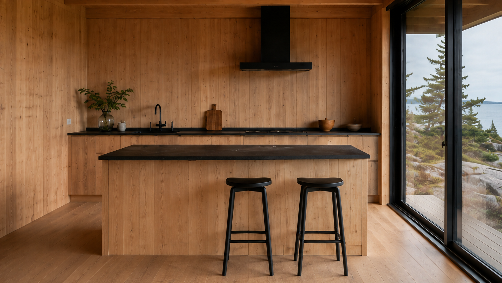 A closer kitchen view brings the dark counter edge, timber grain and pair of black stools into focus. AI-generated Concept.